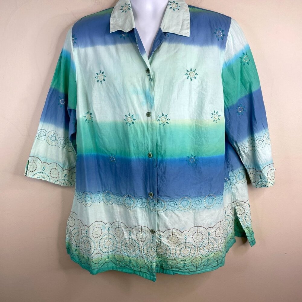 Napa Valley Button Up Top Womens 1X 3/4 Sleeve Embroidered BEACHY COASTAL Vibes